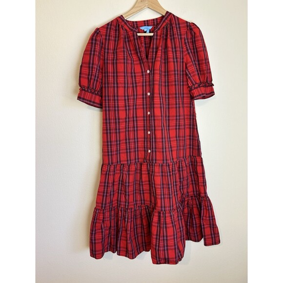 Draper James XS Shirt Dress Mini Plaid Red Puff Sleeve Shift Tiered Drop Waist - Picture 1 of 4
